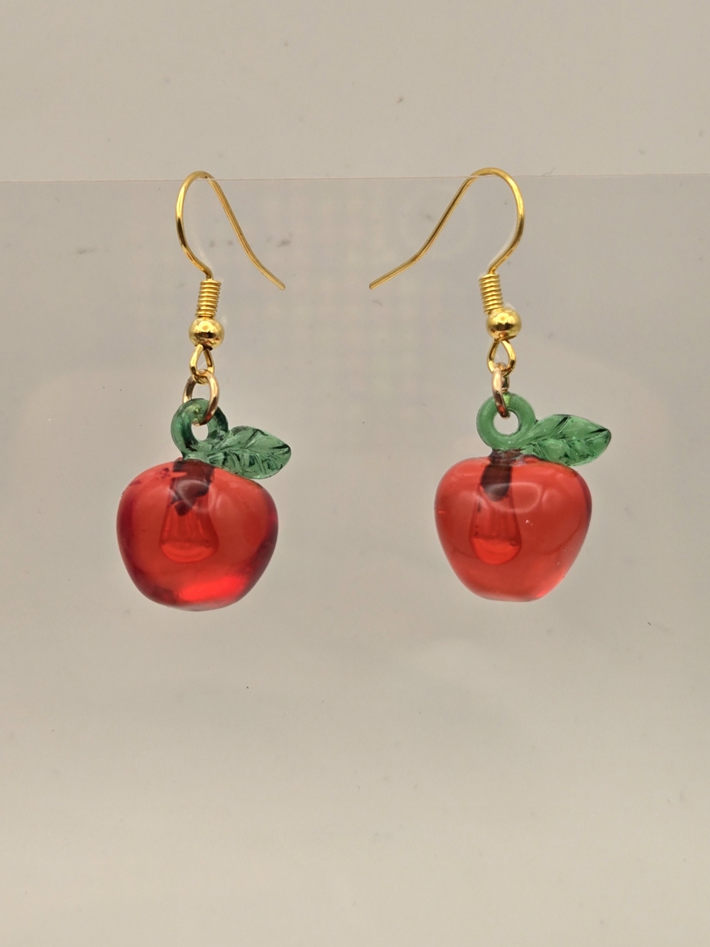 Gold-Tone Red Apple Drop Earrings with Green Leaf Accent
